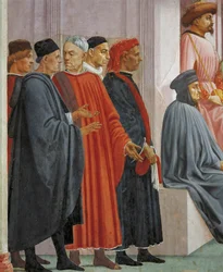 Hommes en costume médiéval, détail de La Résurrection du fils de Théophile, par Tommaso Masaccio, fresque
