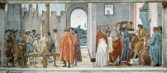 La dispute entre Simon le Magicien (le Mage ou Simon de Samarie, mort en 65) (avec Néron (37-68) sur le trône) et la Crucifixion de Saint Pierre (La Dispute avec Simon Mago et La Crucifixion de Saint Pierre) - Fresque par Filippino Lippi (1457-1504), 232x5
