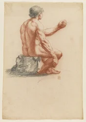 Nu masculin assis vu aux deux tiers de dos