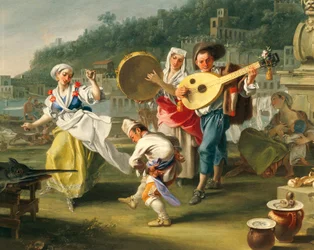 Tarantelle à Mergellina, ca 1750, par Filippo Falciatore (actif 1737-1768), huile sur toile, 76,2x102 cm, (détail), Italie