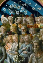 Le Couronnement de la Vierge. Détail des anges choristes tenant des fleurs de lys. Le personnage en bas à droite est saint Jean-Baptiste, patron de Florence. Peinture (1457-1504)