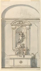 Dessin, autel avec tabernacle et deux prêtres en conversation, 1750-75