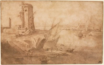 Paysage avec tour au bord de la mer