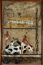Antiquités égyptiennes : un taureau est sacrifié devant un sarcophage. Détrempe sur argile et paille de la tombe du Général et Chancelier du Roi Iti à El Ghebelen près de Louxor. 2200-2000 av. J.-C. Turin, musée égyptien