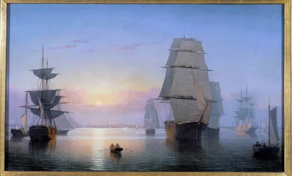 Port de Boston au coucher du soleil en 1850