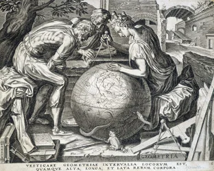 Personnages penchés au-dessus du globe avec compas (allégorie de la géométrie) - gravure, Flandres