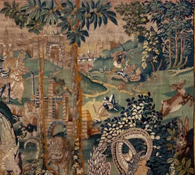 Tapisserie flamande. Paysage avec pergola et grands animaux, avec 2 colonnes. Atelier d