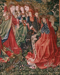 Tapisserie flamande. Série Rédemption humaine ou Vices et Vertus. Les Vertus défient les Vices lorsque le Christ commence son ministère. Sixième tapisserie de la série (troisième de celles conservées à Palencia).