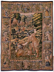 Tapisserie flamande. Série Histoire de Cyrus. N° V Combat entre deux guerriers et la mort de Cyrus. Anonyme, basé sur Michiel Coxcie. Atelier Anvers. Soie et laine. Vers 1590.