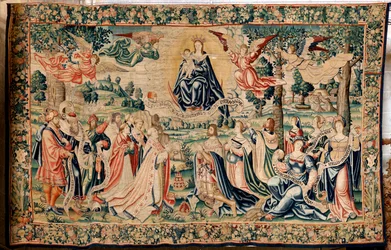 Tapisserie flamande. Série La Grêle. Salve Regina. Manufacture ateliers de Bruxelles, une possible manufacture par Marc Crétif. Ca 1528. Taille 412 x 652 cm. Tissu Soie et laine. Emplacement Cathédrale de Palencia. Origine Un legs de l