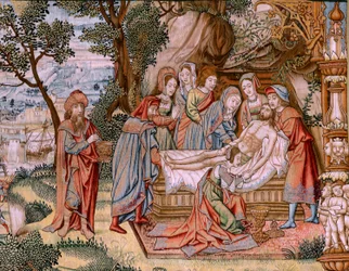 Tapisserie Flamande. Série La Passion du Christ. La Descente de Croix. Deuxième série de tapisseries de la Passion du Christ appartenant au Patrimonio Nacional. Modèle Dessinateurs du cercle de Jan van Roome. Manufacture Pieter va