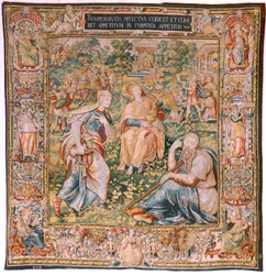 Tapisserie flamande. Série Les Sept Vertus. Tempérance. Modèle basé sur Michiel Coxcie. Manufacture Bruxelles. Manufacture par Frans Geubels. Vers 1560-1570. Soie et laine. Taille 330 x 320 cm. Cathédrale de Burgos.