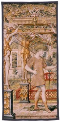 Tapisserie flamande. Série Vertumne et Pomone. No II Vertumne transformé en agriculteur. Modèles Cercle de Pieter Coecke Van Aelst et Léonard Thiry. Atelier inconnu, Bruxelles. Or, 