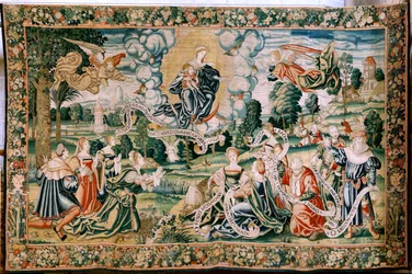 Tapisserie flamande. Série La Grêle. Ad te clamamus. Deuxième tapisserie de la série. Manufacture ateliers de Bruxelles, une possible manufacture par Marc Crétif. Vers 1528. Taille 429 x 646 cm. Soie et laine. Cathédrale de Palencia.