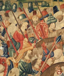 Musée Paroissial de Tapisseries de Pastrana. Tapisserie Flamande. Conquête de Tanger. Série Conquêtes du roi Alphonse I de Portugal. Tournai. Détail. Laine
