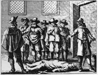 Sorcier ayant succombé à la torture - Gravure de 1725 dans « La Sorcellerie démasquée » par Abraham Palingh