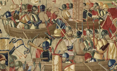 Tapisserie montrant les conquêtes du roi Alphonse V du Portugal (Conquistas de Alfonso V de Portugal), Tournai. Détail.