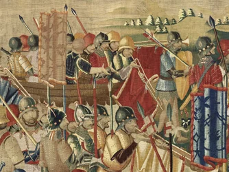 Tapisserie montrant les conquêtes du roi Alphonse V de Portugal, Tournai. (détail)