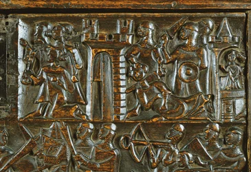 Le coffre de Courtrai représentant des fantassins flamands battant la cavalerie française (détail)