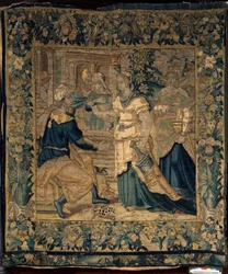 Les collections universitaires. Tapisserie flamande. Les filles de Jethro racontent à leur père leur rencontre avec Moïse. Oudenaarde. Vers 1550