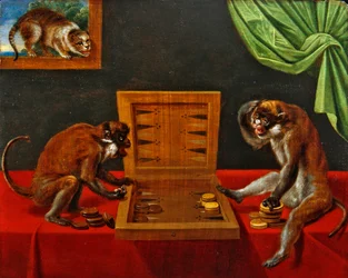 Deux singes jouant au tric-trac sur une table