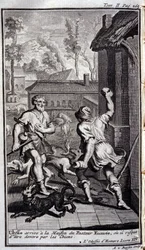 Ulysse arrive chez le pasteur Eumée, ou il peut être dévoré par des chiens. Illustration pour le livre XIV de l