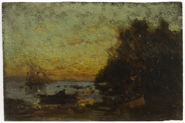 Bateau et voiliers, coucher de soleil. Au verso : Marine