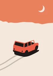 Voiture rouge dans le désert avec lune