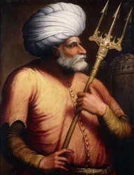 Portrait de Khair el-Din Barberousse, mi-longueur, tenant un Trident
