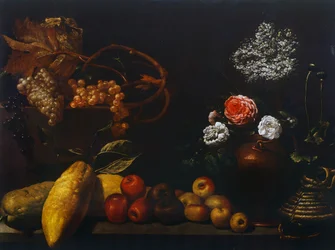 Nature morte avec cruche en cuivre, roses, raisins, fleurs de sureau, agrumes et pommes