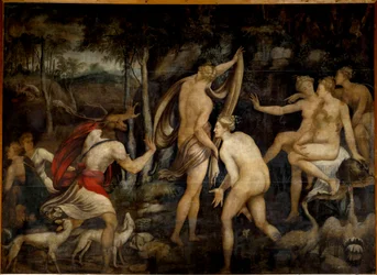 Diane (Artémis), déesse de la chasse, et Actéon, chasseur. Peinture de l
