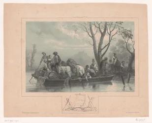 Bac avec chevaux et passagers
