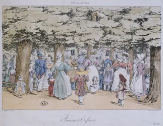 Enfants et nourrices dans le parc, de la série Tableau de Paris, gravé par C. Motte, 1827