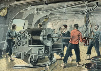 Une batterie de la marine bombarde Santiago de Cuba, guerre hispano-américaine de 1898 (Gravure)