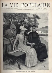 Une jeune femme vêtue de blanc tient un livre ouvert, accompagnée de sa mère, vêtue de noir au visage triste, assise sur un banc devant un paysage de la côte méditerranéenne. Derrière elles, un homme se penche sur l