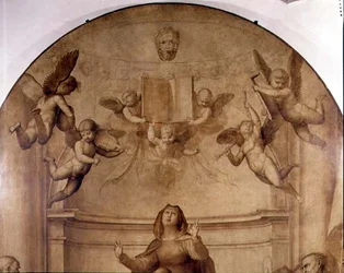 Le Grand Retable du Conseil, détail représentant des anges musiciens tenant un livre