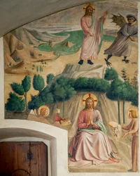 Cella 32 : Jésus chasse le diable qui le tente dans le désert ; les anges lui apportent du pain