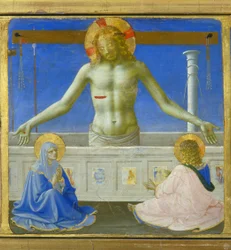 Le Christ debout dans son tombeau (Résurrection) - partie inférieure (prédelle) du « Couronnement de la Vierge », représentant le Christ au tombeau et six épisodes de la vie de saint Dominique, fondateur de l