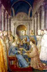 Fra Angelico (Guido di Pietro/Giovanni da Fiesole vers 1400-55) Peintre italien. St Sixte et son diacre St Laurent (Pape Sixte II d258) Fresque. Chapelle de Nicolas V, Palais du Vatican