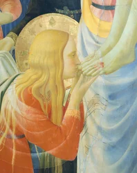 Marie Madeleine embrassant les pieds de Jésus, détail de la Descente de croix ou du Retable de la Sainte-Trinité, vers 1432, par Giovanni da Fiesole dit Fra Angelico (1400-vers 1455)
