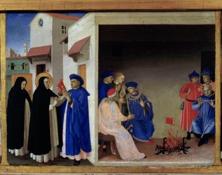 Prédelle du Couronnement de la Vierge : le miracle du livre jeté au feu devant les Albigeois. Saint Dominique réfute l