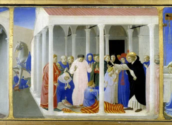 Saint Dominique (1170 - 1221) ressuscitant Napoleone Orsini, la partie inférieure (la prédelle) de la 