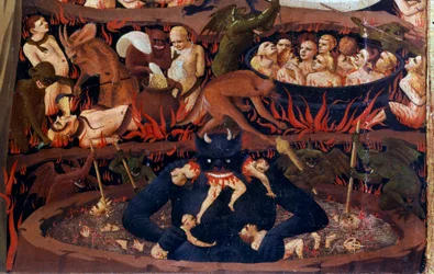 Le Jugement dernier : détail des Enfers. Damnés dans les cercles infernaux, tortures par des démons (détail)