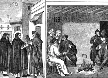 Hérésie albigeoise. Saint Dominique remet à un envoyé albigeois un livre professant la 