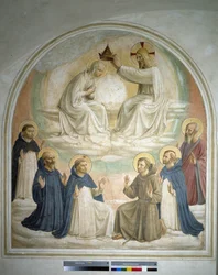 Le couronnement de la Vierge. De g. à dr. : Saint Thomas, Saint Benoît de Nursie, Saint Dominique, Saint François, Saint Pierre martyr et Saint Marc. Fresque de Guido di Pietro