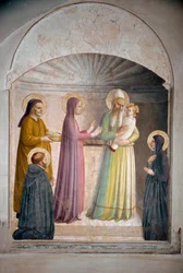La présentation du Christ au temple. Saint Pierre, martyr, et la nonne dominicaine Villana, observent la scène biblique. Fresque de Guido di Pietro