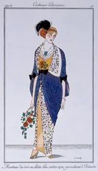 Costumes parisiens : Manteau de soirée en satin bleu cendré avec garniture irlandaise. Dessiné par Francisco Javier Gose (1876-1915)
