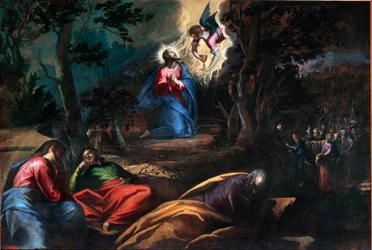 La prière au jardin des oliviers À droite, Judas arrive avec les soldats pour arrêter Jésus-Christ. Peinture de Francesco Bassano le jeune (ca. 1549-1592) Venise, Chiesa del Redentore, Italie