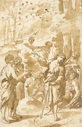 Joseph racontant son rêve à son père et ses frères et pointant vers onze étoiles dans le ciel