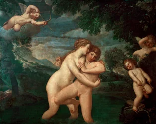 Salmacis au bain, repoussée par Hermaphrodite. La nymphe Salmacis, éprise du fils d